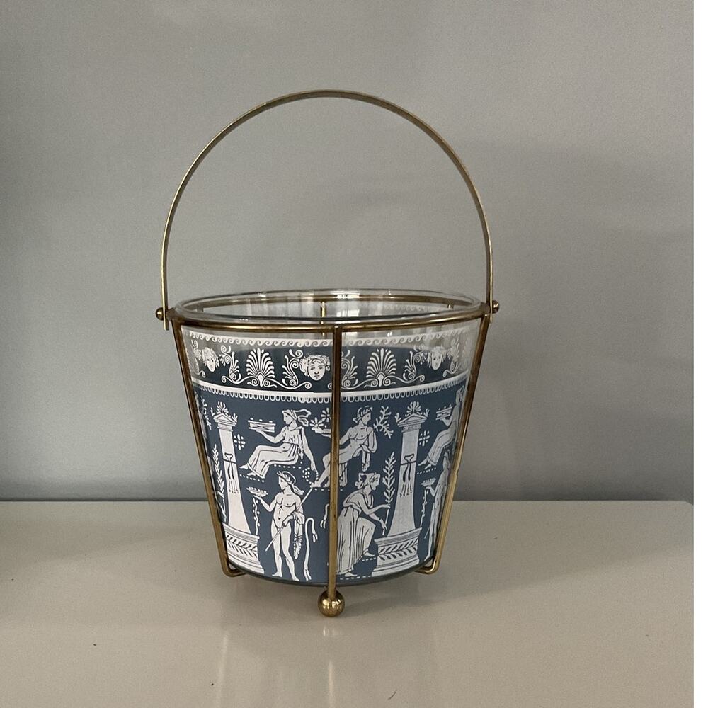 Vintage Jeannette Glass Wedgwood GRECIAN Blue Hellenic Greek Roman Ice Bucket